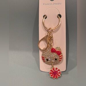 BAG CHARM Glittering Cat Face Hello Kitty Pink Bow & Flower Charm Keychain